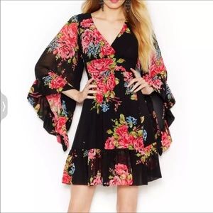 Betsy Johnson Bambi Black Floral Bell Sleeve Ruffle Mini Dress Women's Size 8